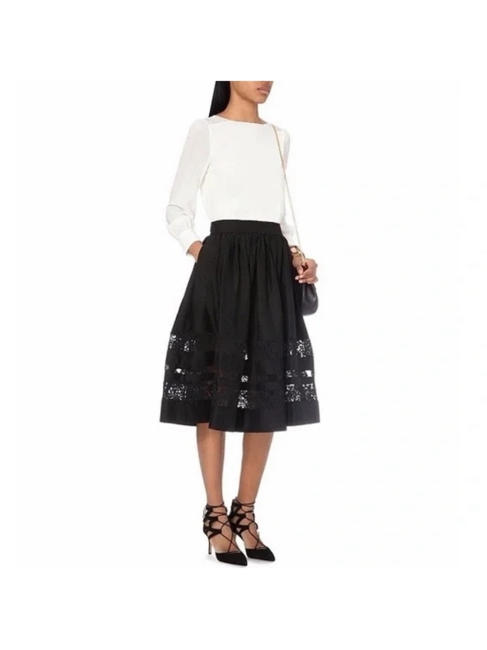 Alice + Olivia Black Lace-Trim Midi Skirt